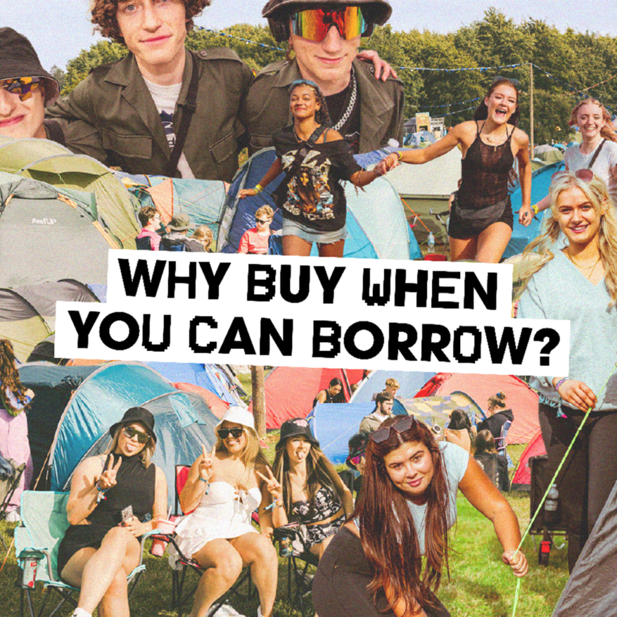 Customers setting up their camping tents with text stating Why Buy when you can Borrow?