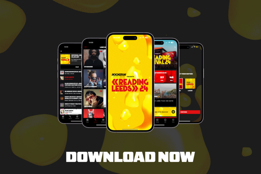 image depicts 5 phone screens displaying in-use examples of the festival app