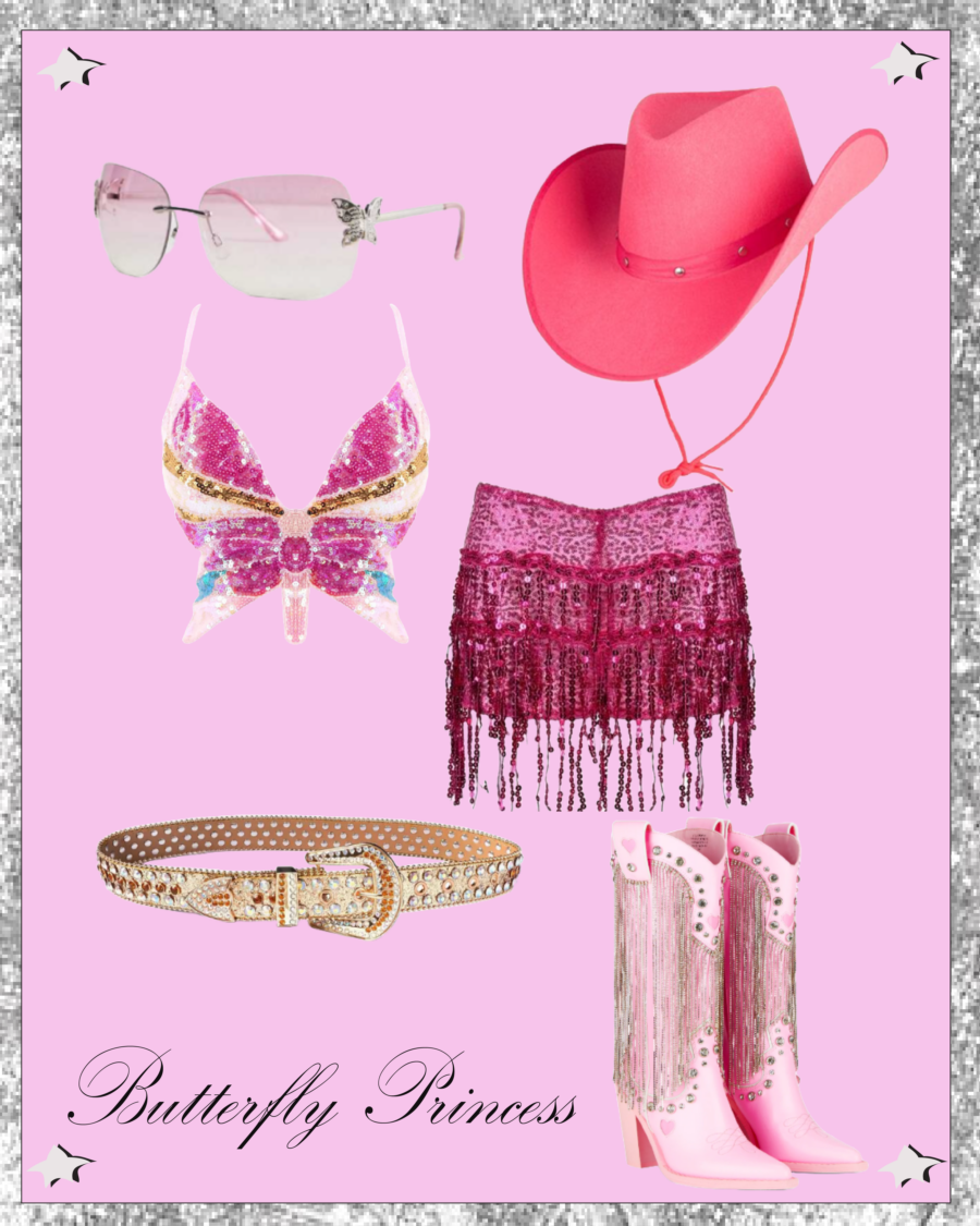 Outfit inspiration for Reading featuring  pink sparkly butterfly top, cowboy boots, skirt with tassels and cowboy hat 