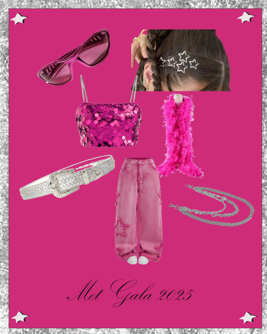 Outfit inspiration for Reading featuring  pink sequin crop top, cargo pants, silver studded belt, feather scarf and star shaped hair accessories 