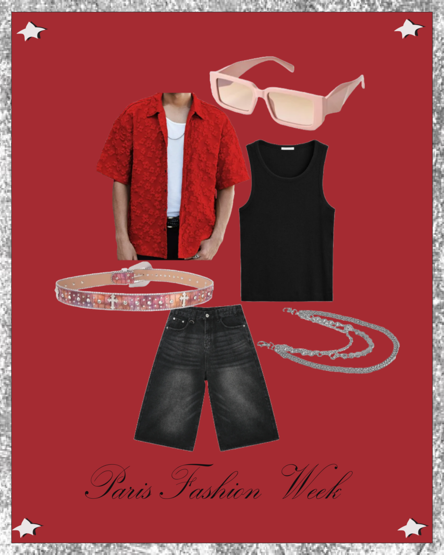 Outfit inspiration for Reading featuring  short sleeve red lace button up top, black jorts, tank top and baby pink studded belt 