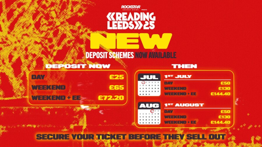 new ways to pay deposit scheme image showcasing payment plan deposit for day tickets at £25 and weekend tickets at £65