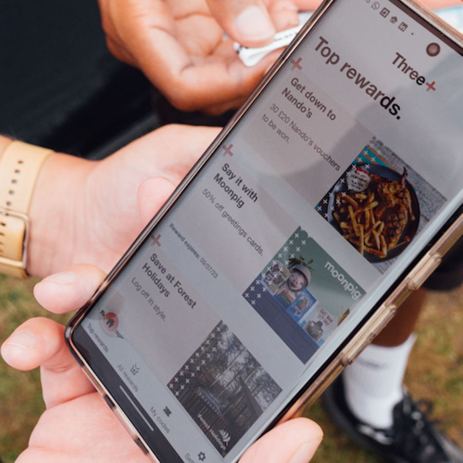 Three+ rewards app on an customers Samsung phone showcasing rewards that can be claimed 