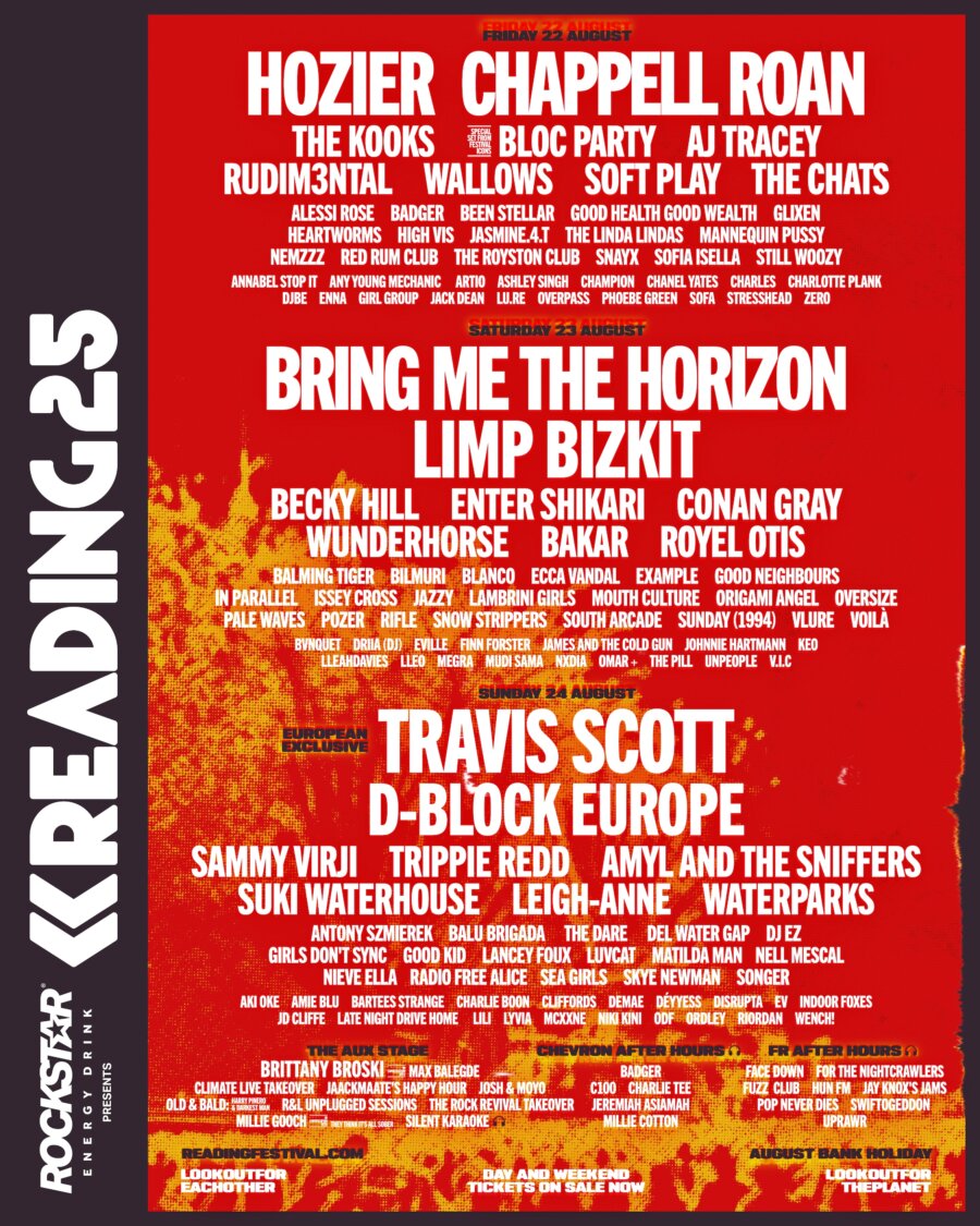Reading festival 2025 poster on red background featuring names of all the artists performing 